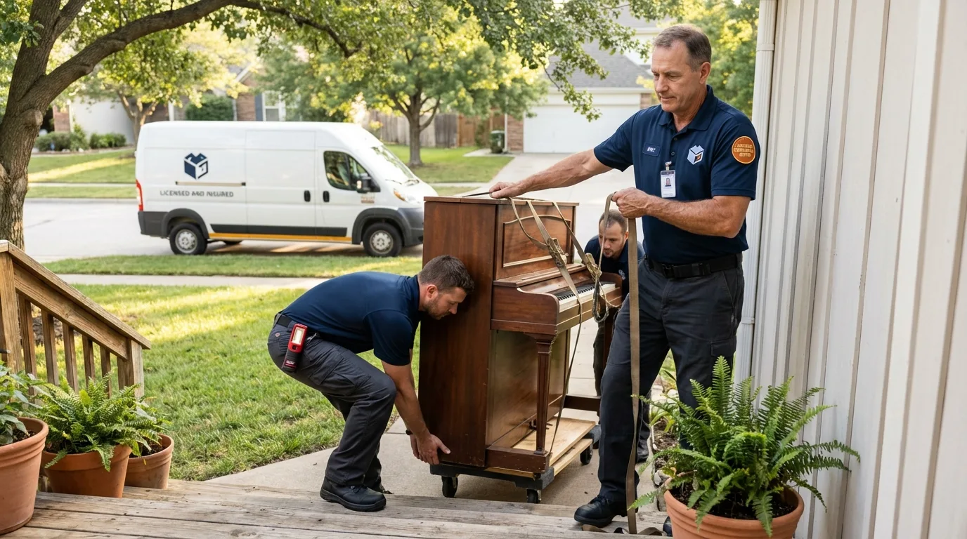 Licensed piano movers securing grand piano in Lindon, UT