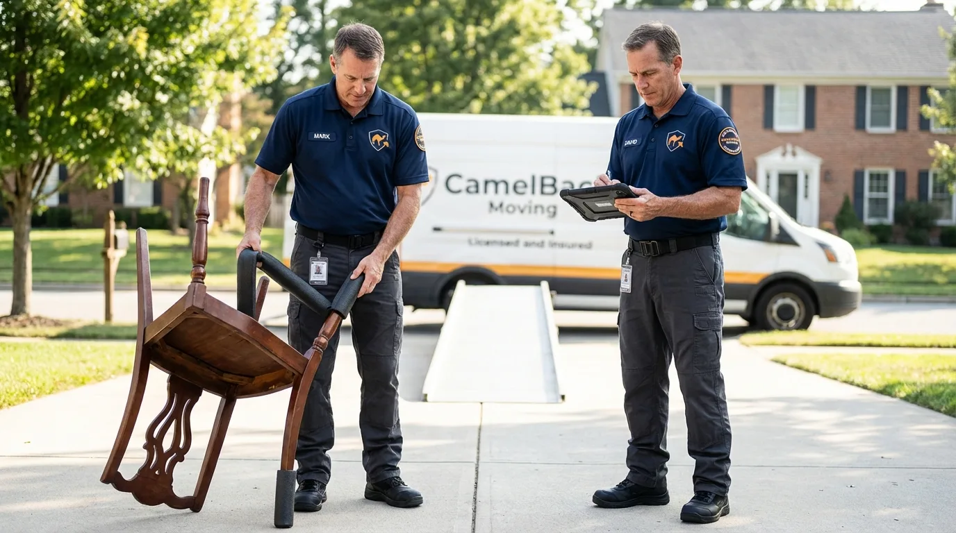 Movers inspecting furniture for damage prevention before loading in Lindon, UT