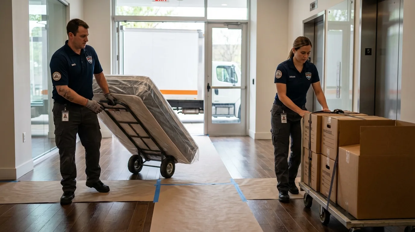 Professional apartment movers loading elevator in Lindon, UT